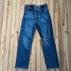 Levi Strauss Wedgie Straight Jeans‎ Button Fly Distressed Knee Raw Hem Size 26